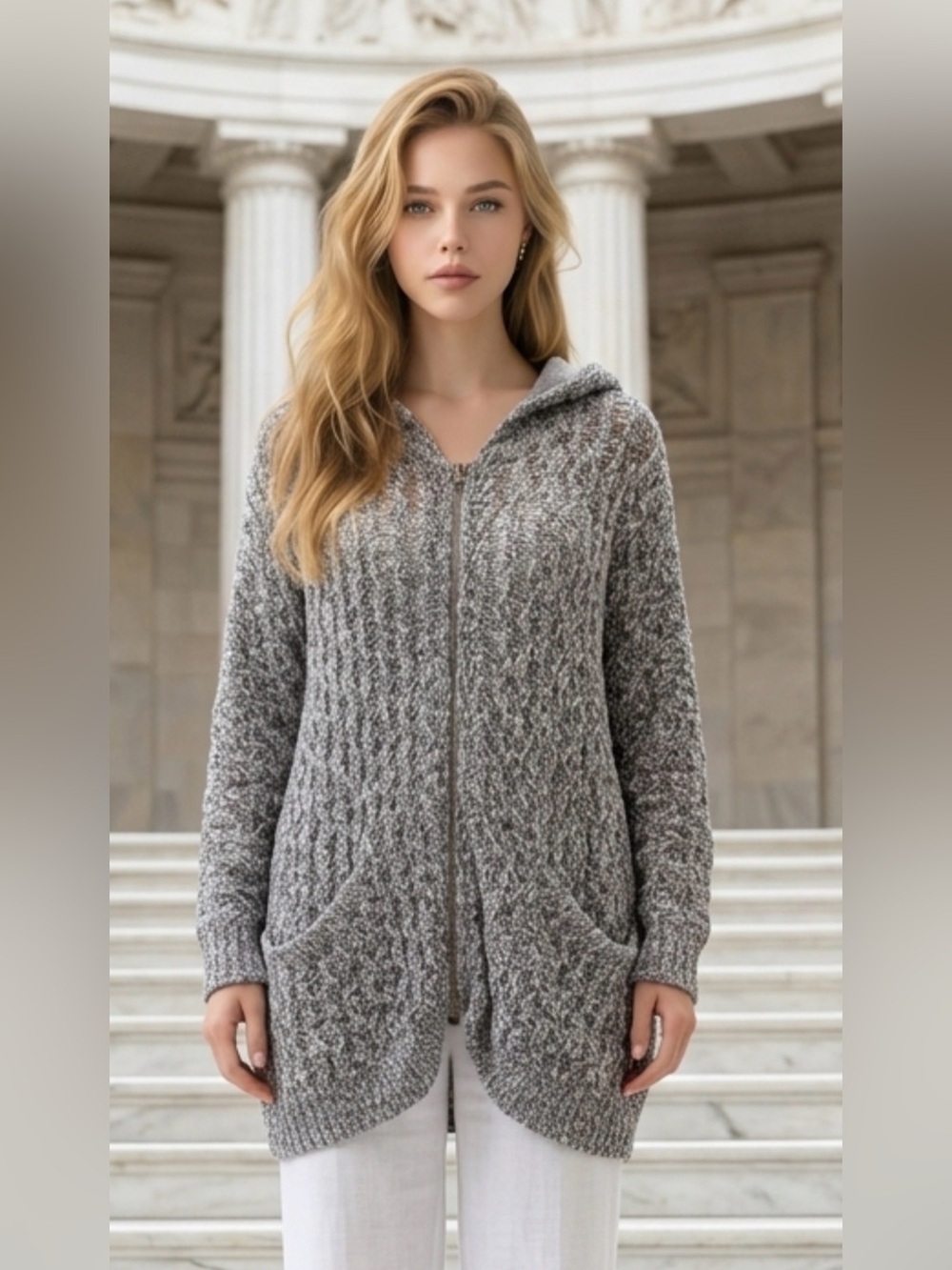 Free People Heather Gray Hooded Zip-Front Knit Cardigan